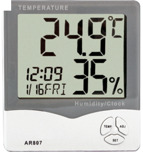 AR807, Т=(-10…70)°С, погр. 1°С, RH=(20…90%), пит.: 2x 1,5В, тип ААА, вшг: 106x98x22мм., вес:125г. A29645