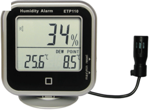 ETP-110, Т=(-10…60)°С, погр. 1°С, RH=(20…95%), Lпров.=0,45м., пит.: 2x 1,5В, тип ААА, вшг: 100x100x26мм., вес:142г. 