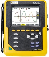 CA 8331 анализатор качества электроэнергии для трехфазных электросетей (без клещей) , 3 канала по току и по напряжению, 1000 В, Измер: Wh, VAh, varh, W, VA, var, DF, THD, cos ?, tan ?.; , Min, Max, Средн., Пик(+/-), KF, PST, CF. Анализ 50 гармоник., графич.дисплей, SD карта, USB,  без клещей