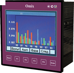 Omix P1414-MA-3R Iизм: прям.0…6 /0… 100000000А, кл.1%, Uизм:0…650/0… 100000000В, кл.1%, фаз:3, F:(45...65)Гц, кл.0,1%, Экран-ЖКИ(монохром), 125мм, вшг: 144x144x83мм, Uпит.:~110/~220В, выход: RS485,Ethernet, память-1Мб; гармоники до 64 