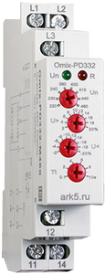 Omix-PD-332, на DIN-рейку, Unom=220…460В (8 ур.ном.напр.), реле: ~10А, 250В, износоуст. ?10000000/?1000000 циклов, tраб: -20…+55°С, вшг: 90x18x64мм, вес: 63г, для сетей без нейтрали, IP40 л.панель/IP20 клеммы; рег.время задержки сраб. 0,1...10с. A41826