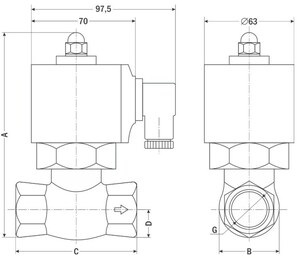 AR-2L-50, НЗ, Ду=50мм, Присоед.2",Латунь, Уплотн.: PTFE, Р=(0,1…1,5)МПа, Т=(-5…180)°С, Kv=41м3/ч, Катушка: AS03, =24В, вшг:223x163x94,5мм, 5050г. D11596