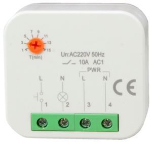 ARCOM-MR-02, импульсное реле Uпит.~230 В, нагр.~10А, 250В, крепление в монтажную коробку, настраиваемое время выключения реле 1...12 мин 