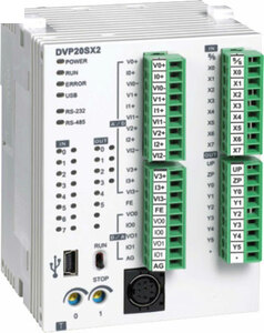 DVP20SX211S  Контроллер: 20 Point?8DI?6DO, 4AI, 2AO (Transistor, PNP)?2 шины расширения, 24 VDC, 16К шагов, мини USB, RS-232 и RS-485