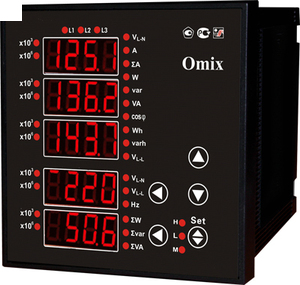 Omix P99-M-3-0.5-RS485 Iизм: 0…5/50000А, кл.0,5%, Uизм:0…380/800000В, кл.0,5%, фаз:3, F:(45…65)Гц, кл.0,1%, Экран-5 СД*4р, вшг: 96x96x100мм, Uпит.:~85~264В, выход: RS485, два импульсных выхода для активной и реактивной энергии A03952