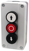 ПТК-А-3101, Пост управления 3-кнопочный (белая "вверх", красная "О", черная "вниз"), НО+НЗ+НО ~3 А, 240 В D07143