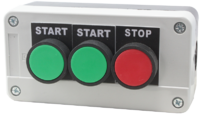 ПТК-А-3102, Пост управления 3-кнопочный (2 зеленые START, красная STOP), НО+НО+НЗ ~3 А, 240 В D07141