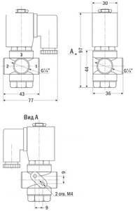 AR-SB364, 3/2-UЗ, Ду=2,2мм, Присоед.1/4",Латунь, Уплотн.: Viton, Р=(0…1)МПа, Т=(-40…120)°С, Kv=0,13м3/ч, Катушка: AS11H, ~110В, вшг:97x77x36мм, 445г. D12036