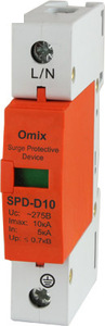 Omix SPD-D10/1-275 Uраб.max=275В, защ.?0,7кВ, max разр.ток=10кА, ?25нс, 1P, предохр. 32А, на DIN-рейку, T= -40…+85°С,  ? 95%RH, вес: 153г. вшг: 91x18x63мм A41088